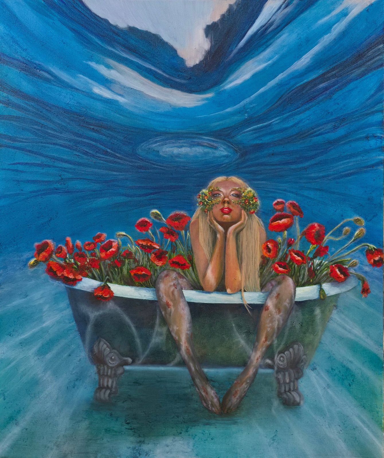 A Garden of Her Own: a smiling woman sits in an ornate clawfoot bathtub filled with red poppies, in a blue underwater scene.