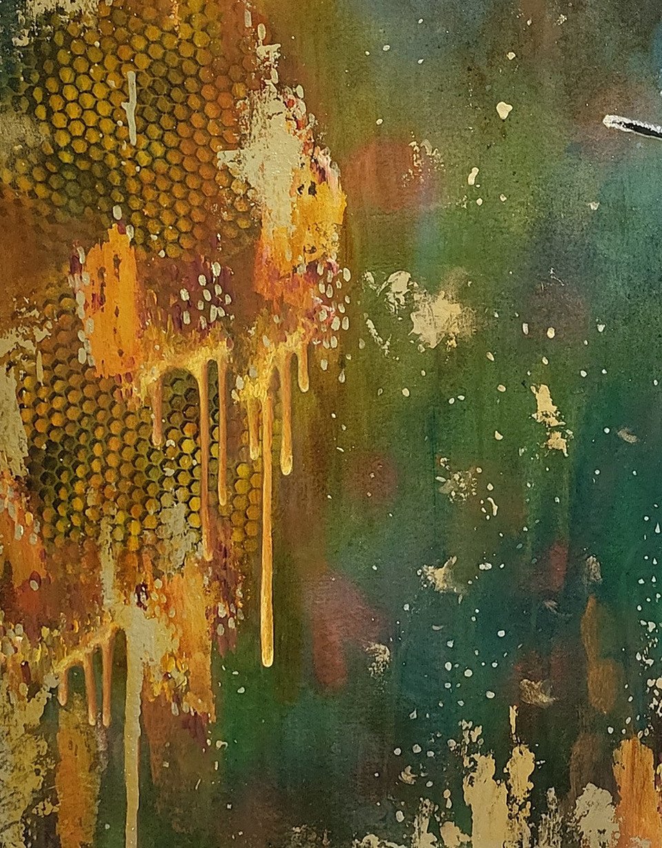 Detail of The Bee: gold foil honey drips from an abstract honeycomb across a deep green ground.
