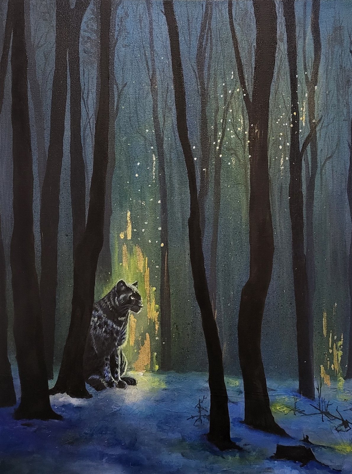 Black Leopard in a Winter Forest: A black leopard sits in a snowy forest clearing, lit by a soft glow and flecks of gold among dark trees.