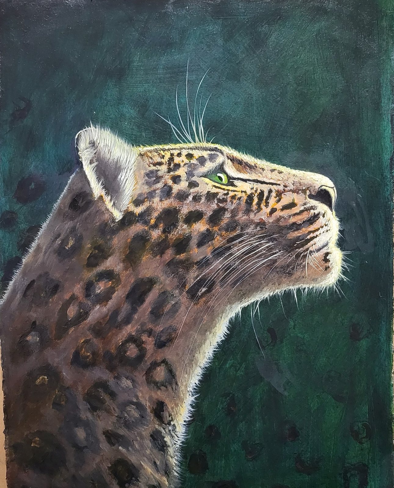 Leopard: A leopard in profile lifts its gaze upward, its spotted coat catching a rim of light against a deep green ground.