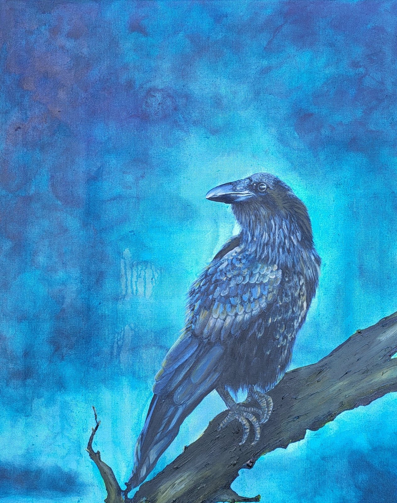 Raven: A raven perched on a weathered branch looks back over its shoulder against a luminous blue ground.