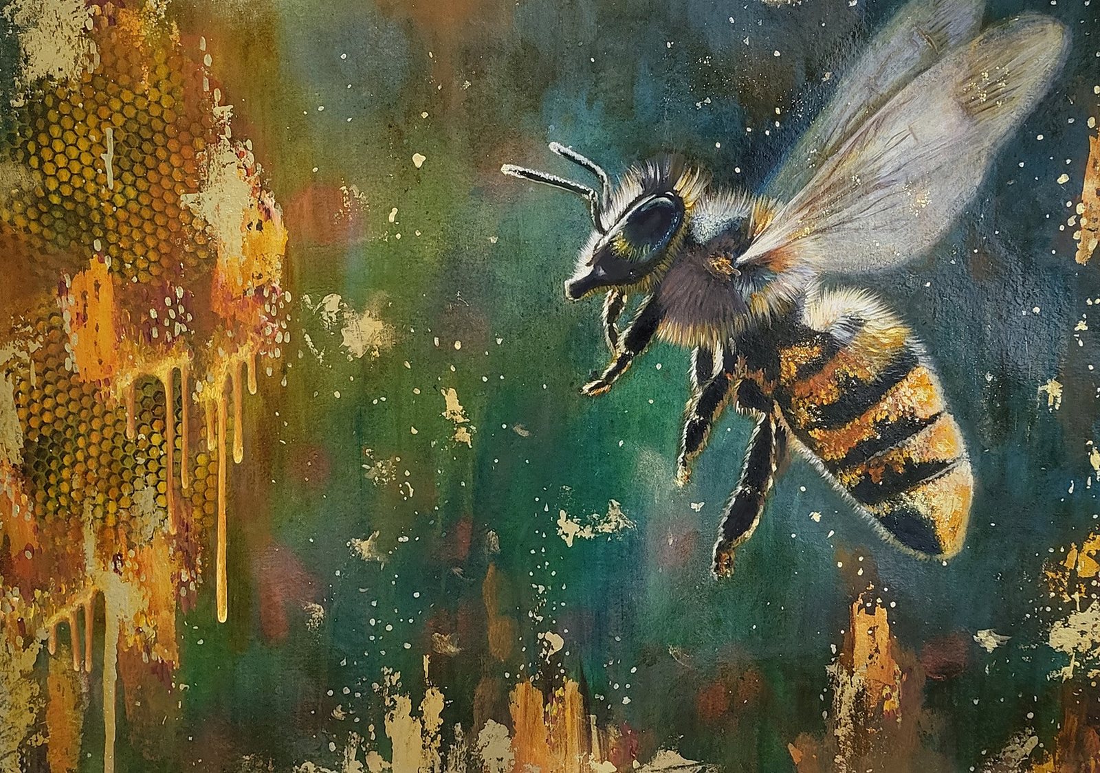 The Bee: a honeybee approaching an abstract honeycomb dripping gold.