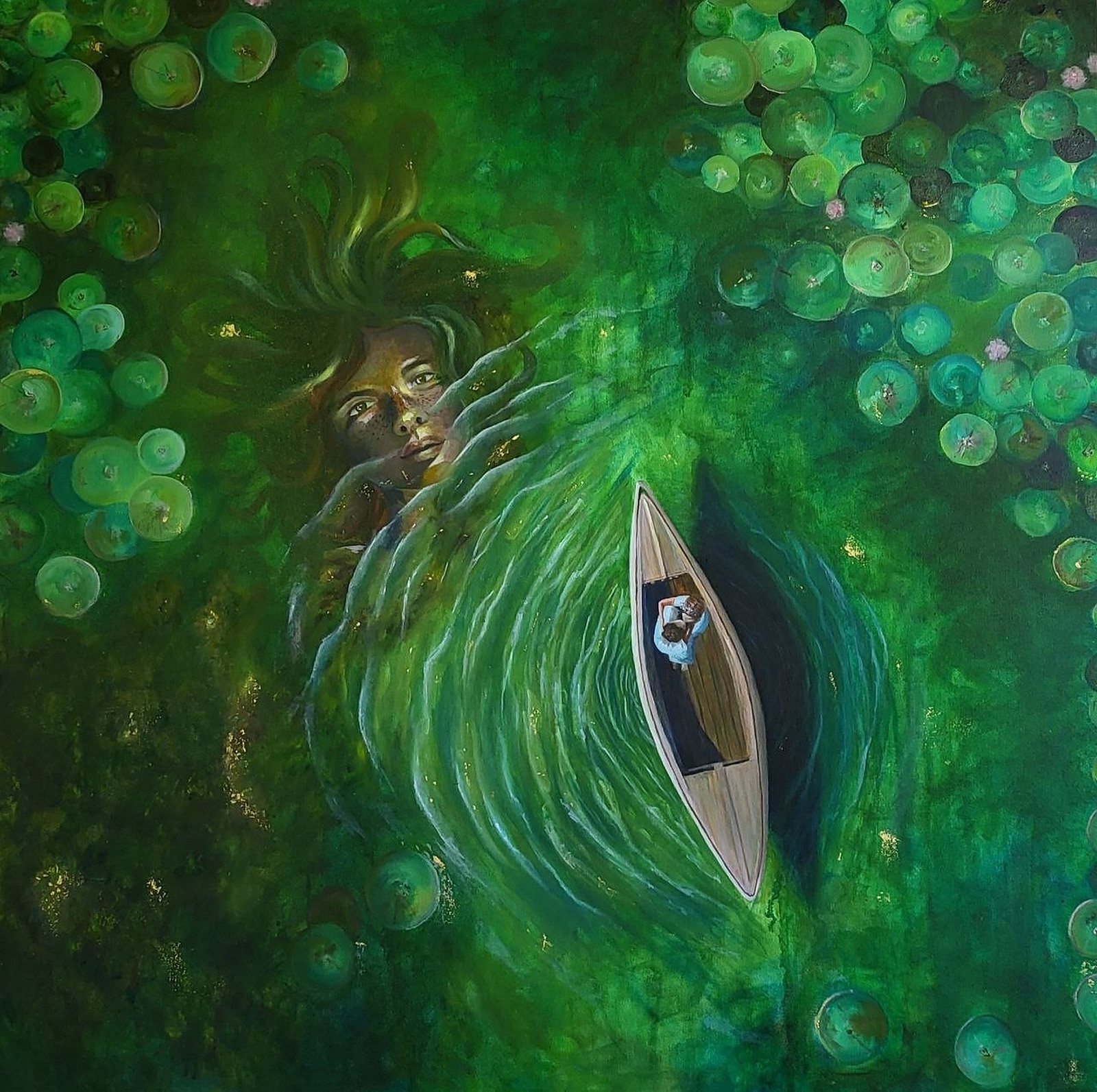 The Shape of a Dream: seen from above, a couple kisses in a small wooden boat on a green lily pond while a woman's face emerges beneath the water.