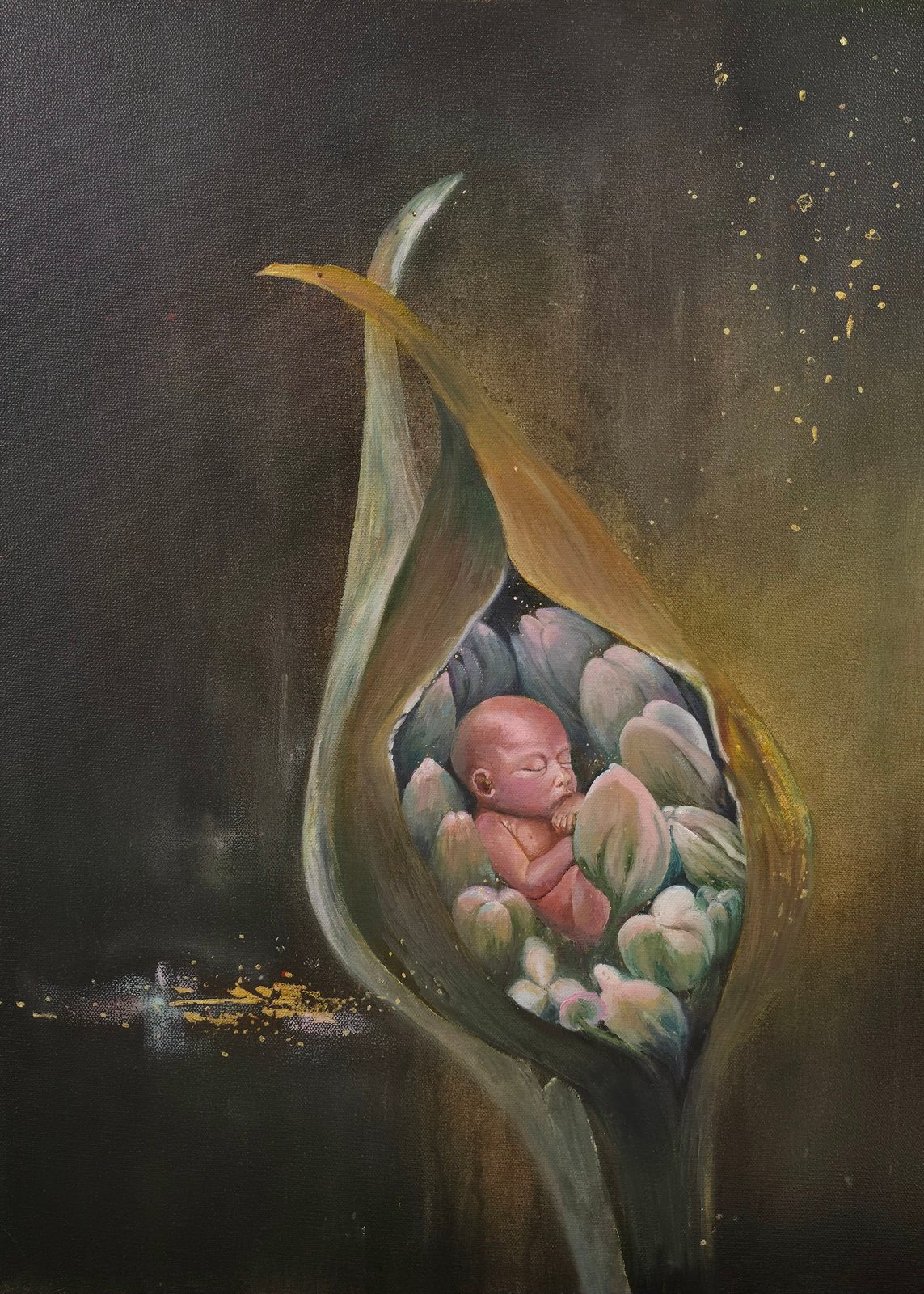 Untitled: a curled fetal figure resting inside a tall organic flower form against a dark background with gold foil flecks.
