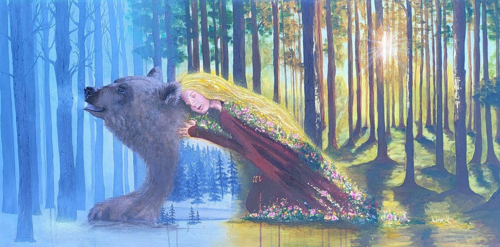 Woman and Bear: A woman cloaked in wildflowers leans against a great bear, where a snowy winter forest meets a sunlit summer wood.
