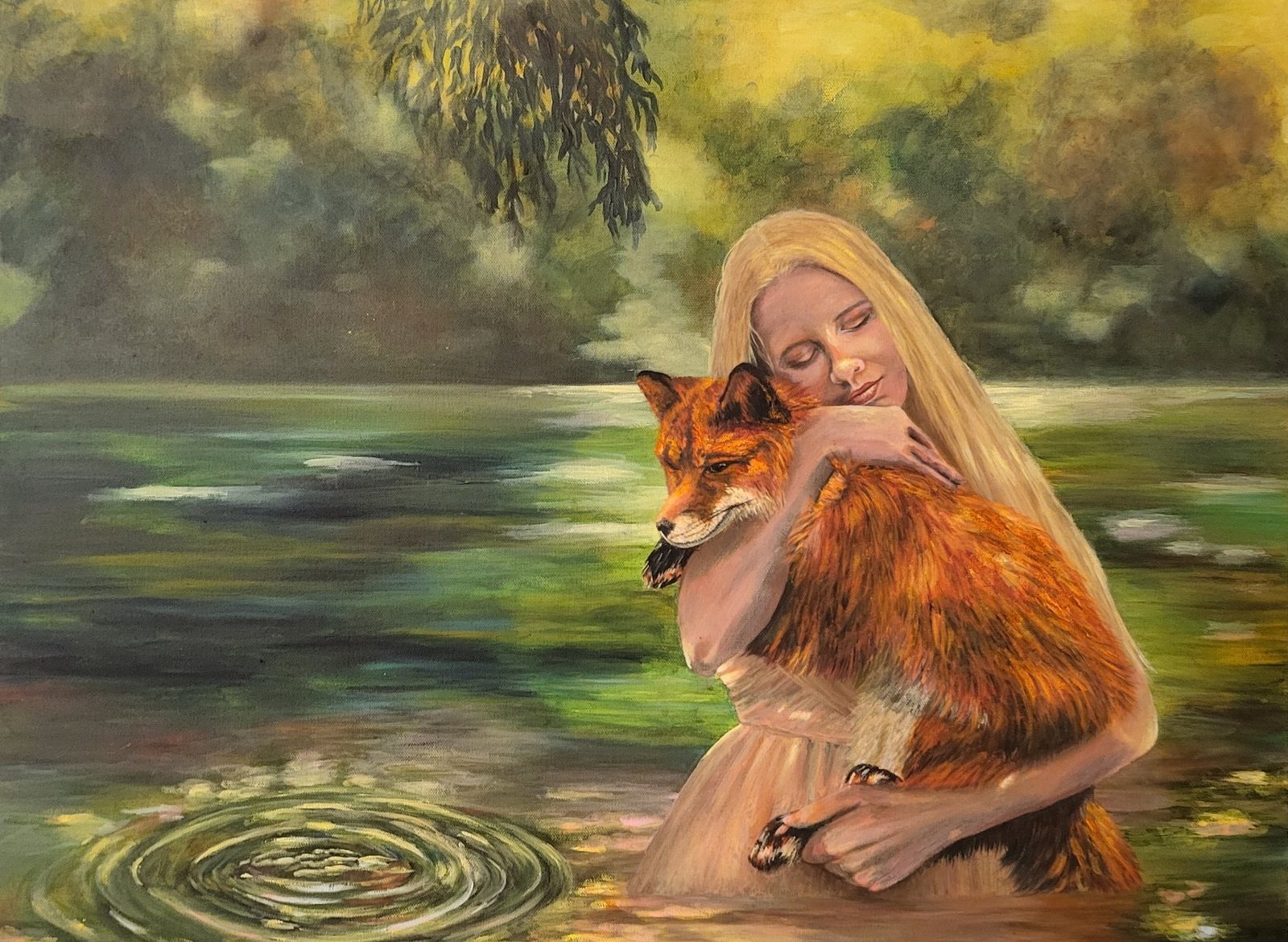 Woman with Fox: A woman stands waist-deep in a green pond, holding a red fox close as ripples spread across the water beside her.